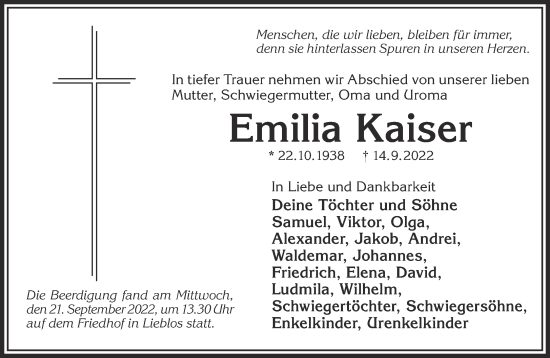 Traueranzeige von Emilia Kaiser von Mittelhessen-Bote