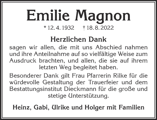 Traueranzeige von Emilie Magnon von Gelnhäuser Neue Zeitung