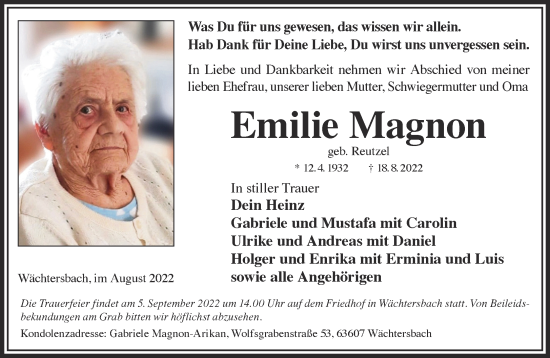 Traueranzeige von Emilie Magnon von Gelnhäuser Neue Zeitung