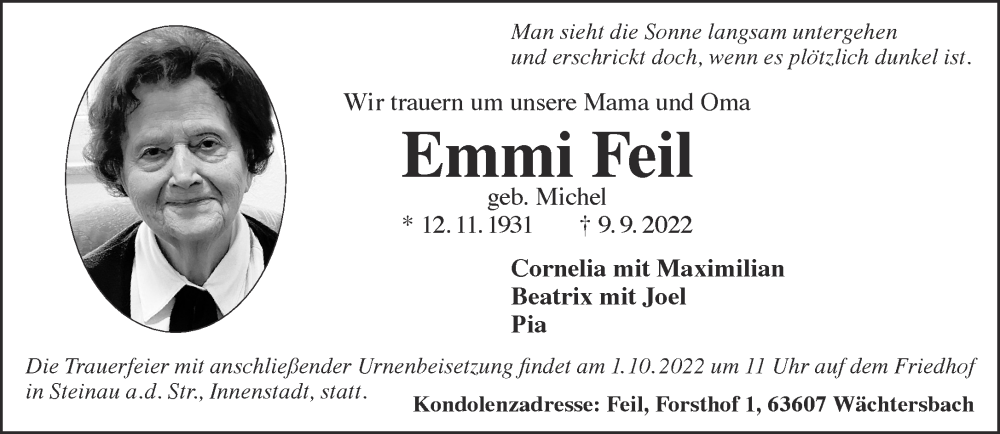  Traueranzeige für Emmi Feil vom 29.09.2022 aus Gelnhäuser Neue Zeitung