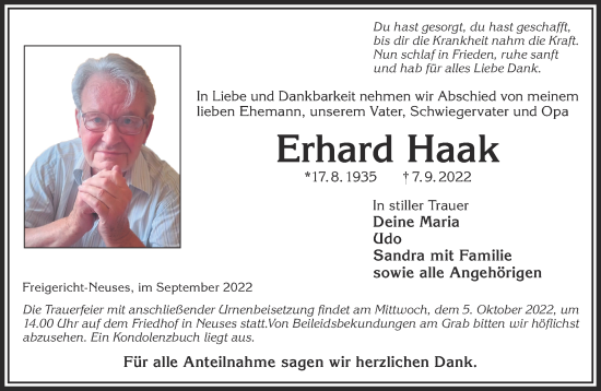 Traueranzeige von Erhard Haak von Mittelhessen-Bote