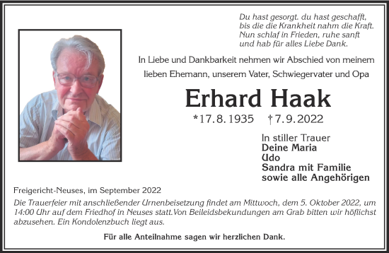 Traueranzeige von Erhard Haak von Gelnhäuser Neue Zeitung