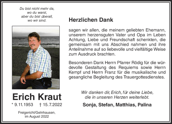 Traueranzeige von Erich Kraut von Mittelhessen-Bote