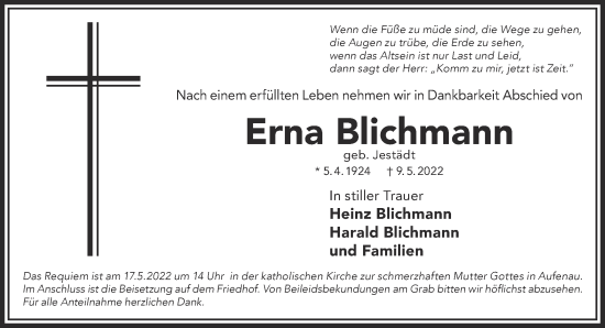 Traueranzeige von Erna Blichmann von Gelnhäuser Neue Zeitung