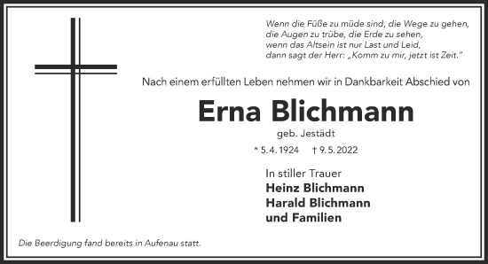 Traueranzeige von Erna Blichmann von Mittelhessen-Bote