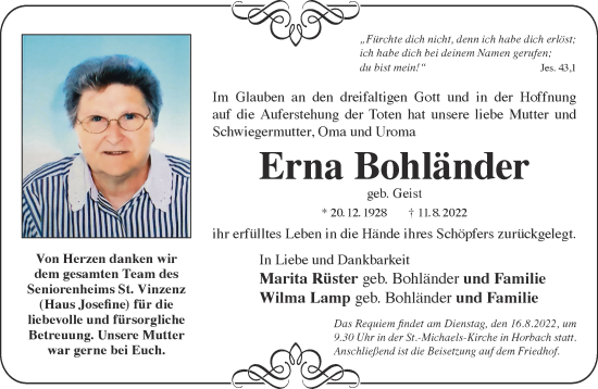 Traueranzeige von Erna Bohländer von Gelnhäuser Neue Zeitung