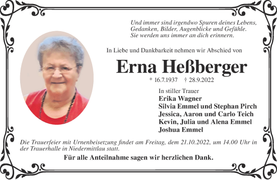 Traueranzeige von Erna Heßberger von Mittelhessen-Bote