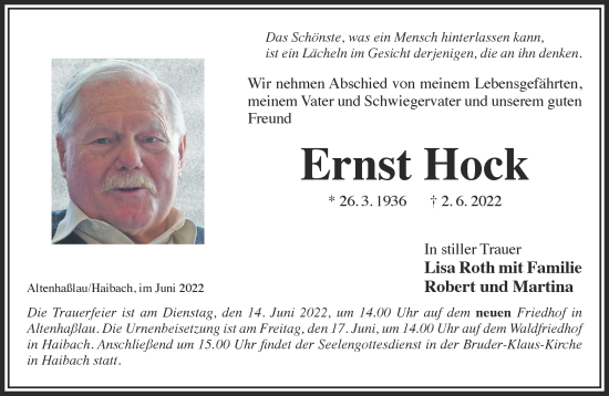 Traueranzeige von Ernst Hock von Gelnhäuser Neue Zeitung