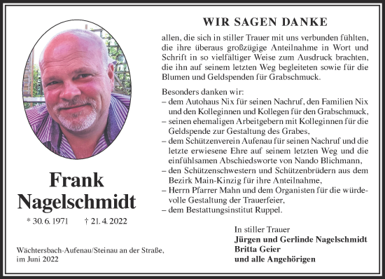 Traueranzeige von Frank Nagelschmidt von Gelnhäuser Neue Zeitung