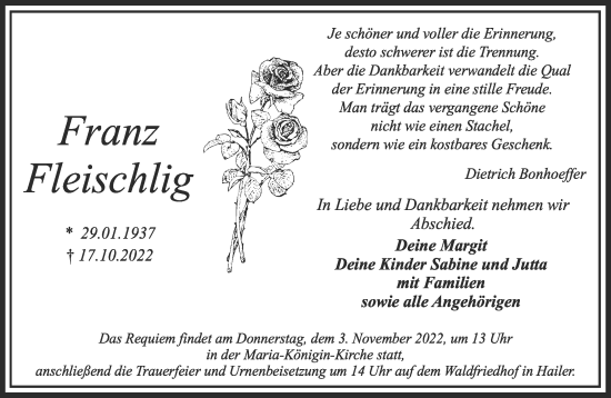 Traueranzeige von Franz Fleischlig von Gelnhäuser Neue Zeitung