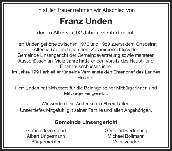 Traueranzeige von Franz Unden von Gelnhäuser Neue Zeitung