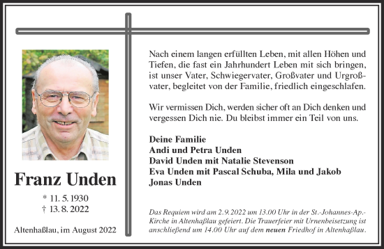 Traueranzeige von Franz Unden von Gelnhäuser Neue Zeitung