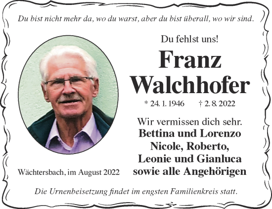 Traueranzeige von Franz Walchhofer von Gelnhäuser Neue Zeitung