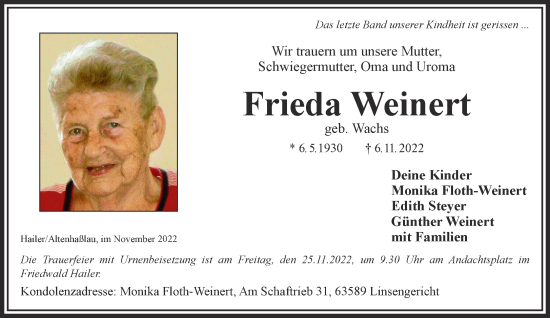 Traueranzeige von Frieda Weinert von Gelnhäuser Neue Zeitung