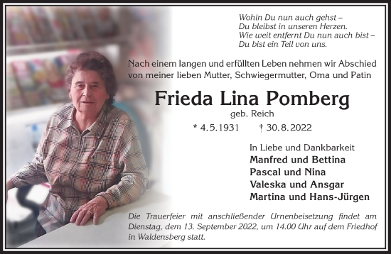 Traueranzeige von Frieda Lina Pomberg von Gelnhäuser Neue Zeitung