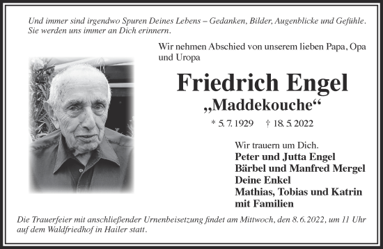 Traueranzeige von Friedrich Engel von Gelnhäuser Neue Zeitung