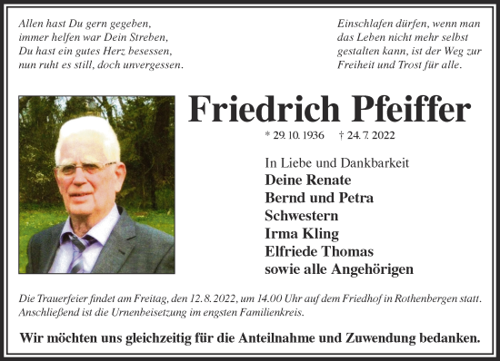 Traueranzeige von Friedrich Pfeiffer von Gelnhäuser Neue Zeitung