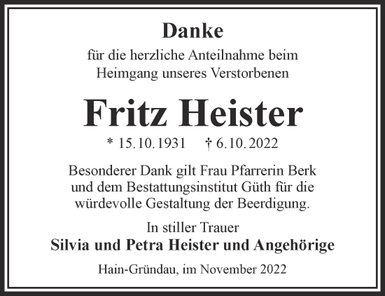 Traueranzeige von Fritz Heister von Gelnhäuser Neue Zeitung