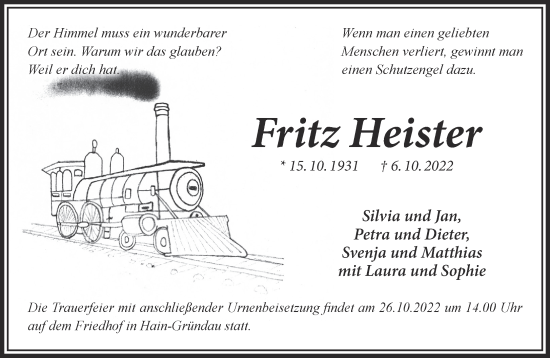 Traueranzeige von Fritz Heister von Gelnhäuser Neue Zeitung