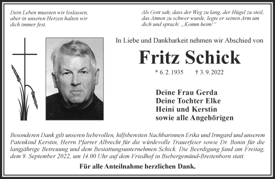 Traueranzeige von Fritz Schick von Mittelhessen-Bote