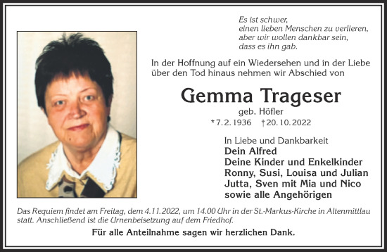 Traueranzeige von Gemma Trageser von Gelnhäuser Neue Zeitung