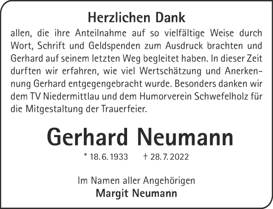 Traueranzeige von Gerhard Neumann von Gelnhäuser Neue Zeitung