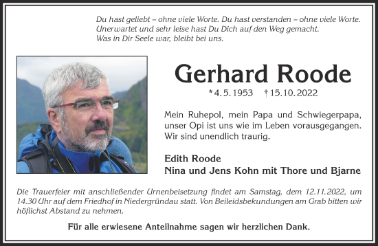 Traueranzeige von Gerhard Roode von Gelnhäuser Neue Zeitung