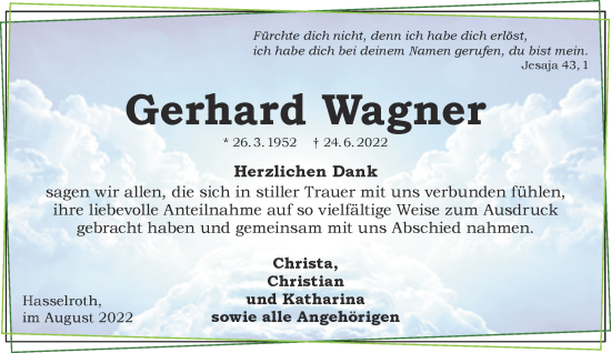 Traueranzeige von Gerhard Wagner von Gelnhäuser Neue Zeitung