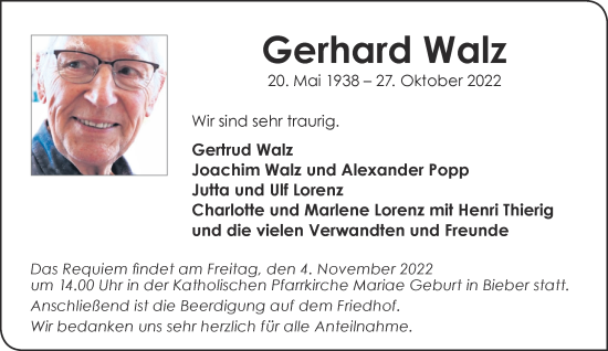 Traueranzeige von Gerhard Walz von Gelnhäuser Neue Zeitung