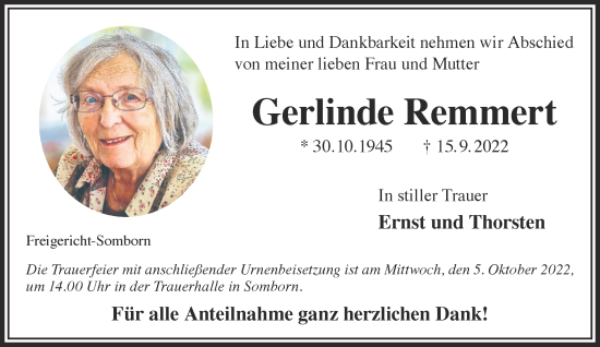 Traueranzeige von Gerlinde Remmert von Gelnhäuser Neue Zeitung