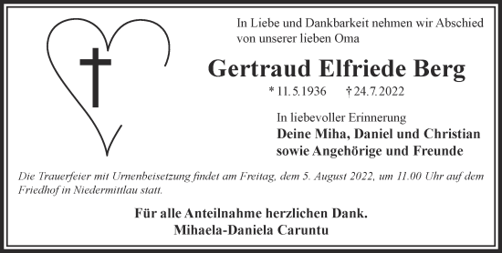 Traueranzeige von Gertraud Elfriede Berg von Gelnhäuser Neue Zeitung