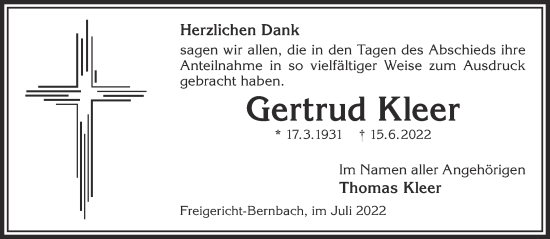 Traueranzeige von Gertrud Kleer von Gelnhäuser Neue Zeitung