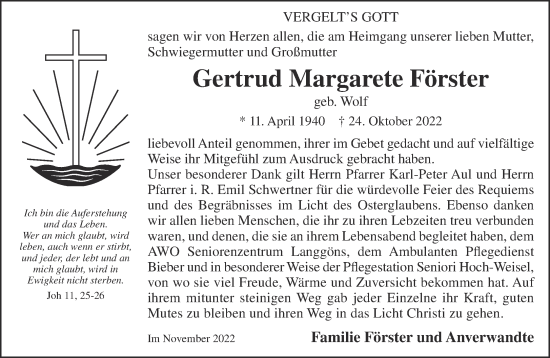 Traueranzeige von Gertrud Margarete Förster von Mittelhessen-Bote