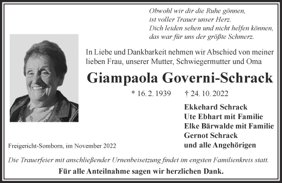 Traueranzeige von Giampaola Governi-Schrack von Mittelhessen-Bote