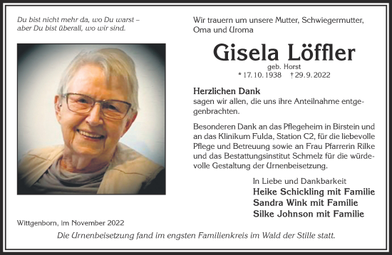 Traueranzeige von Gisela Löffler von Gelnhäuser Neue Zeitung