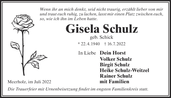 Traueranzeige von Gisela Schulz von Gelnhäuser Neue Zeitung