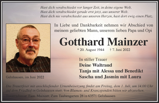 Traueranzeige von Gotthard Mainzer von Gelnhäuser Neue Zeitung