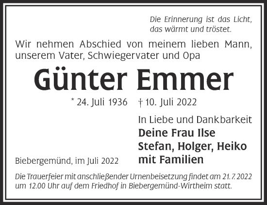 Traueranzeige von Günter Emmer von Gelnhäuser Neue Zeitung