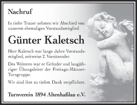 Traueranzeige von Günter Kaletsch von Mittelhessen-Bote