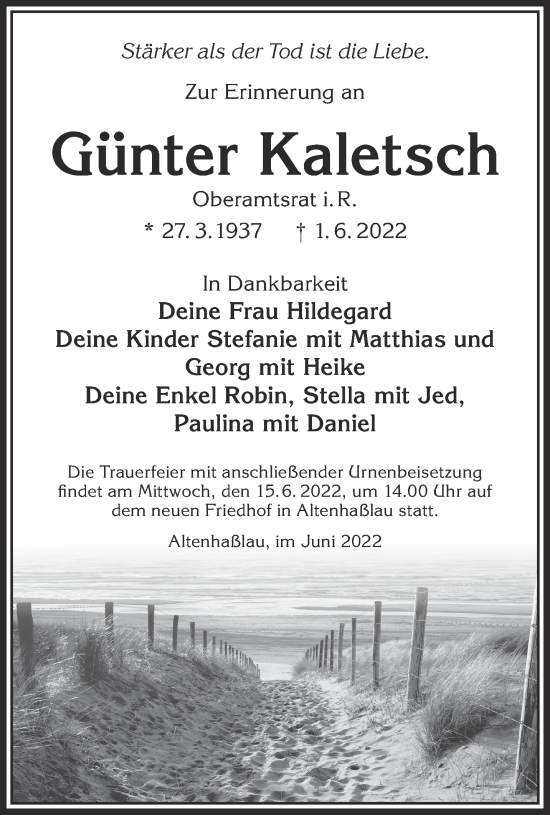 Traueranzeige von Günter Kaletsch von Gelnhäuser Neue Zeitung