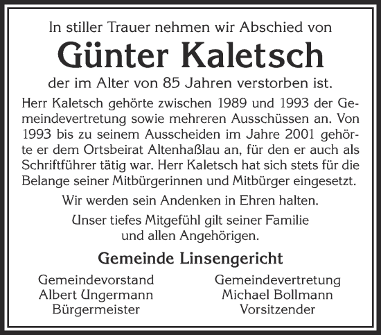 Traueranzeige von Günter Kaletsch von Gelnhäuser Neue Zeitung