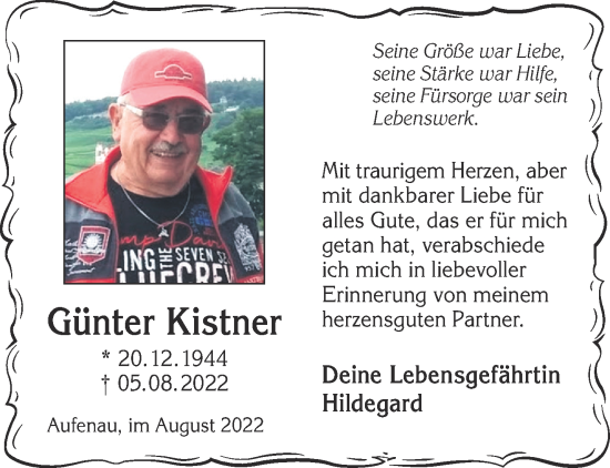 Traueranzeige von Günter Kistner von Mittelhessen-Bote