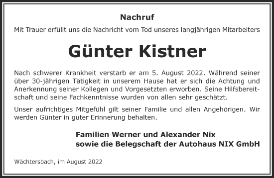 Traueranzeige von Günter Kistner von Gelnhäuser Neue Zeitung