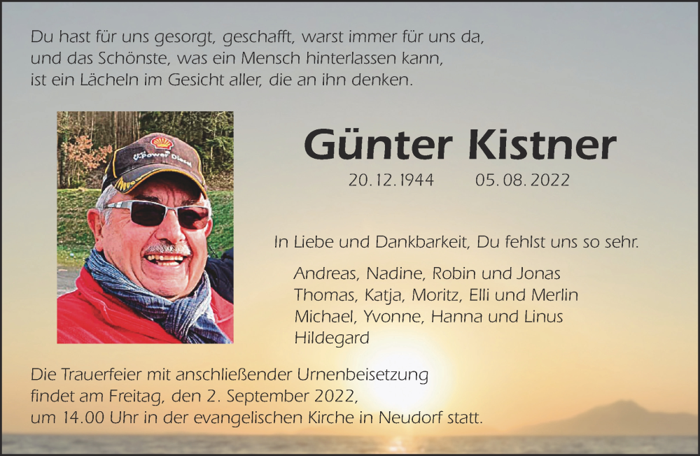  Traueranzeige für Günter Kistner vom 27.08.2022 aus Mittelhessen-Bote