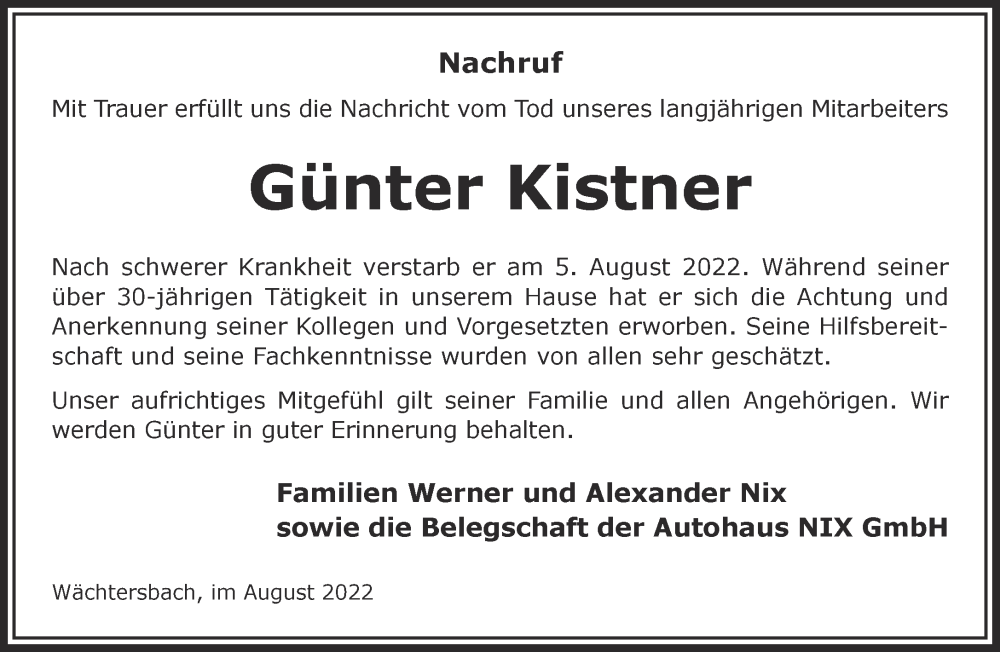  Traueranzeige für Günter Kistner vom 27.08.2022 aus Mittelhessen-Bote