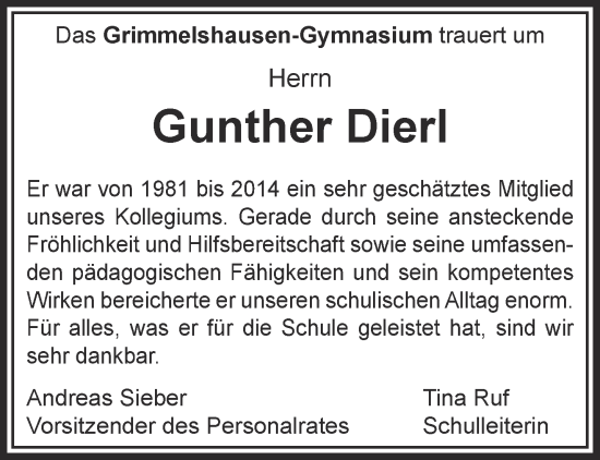 Traueranzeige von Gunther Dierl von Gelnhäuser Neue Zeitung