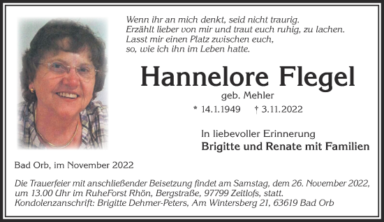 Traueranzeige von Hannelore Flegel von Gelnhäuser Neue Zeitung