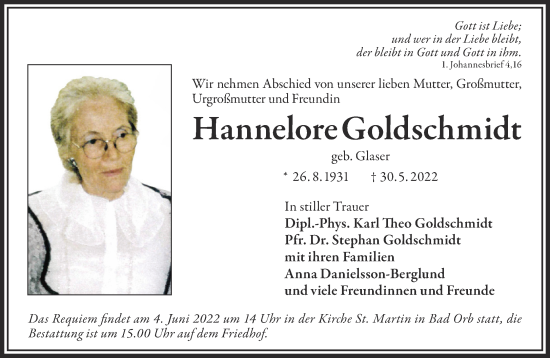 Traueranzeige von Hannelore Goldschmidt von Gelnhäuser Neue Zeitung