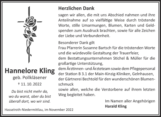 Traueranzeige von Hannelore Kling von Mittelhessen-Bote