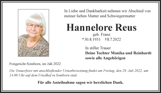 Traueranzeige von Hannelore Reus von Gelnhäuser Neue Zeitung